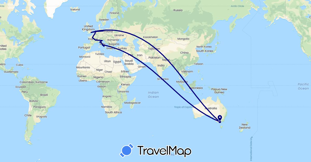 TravelMap itinerary: driving in Australia, Belgium, Germany, France, United Kingdom, Italy, Netherlands (Europe, Oceania)